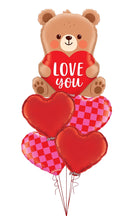 Love You Bear Shape &  Heart Red, Pink Checker Balloon Bouquet Valentines