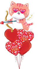 Cute Cat Cupid Shape, Red Heart love you foil balloon bouquet