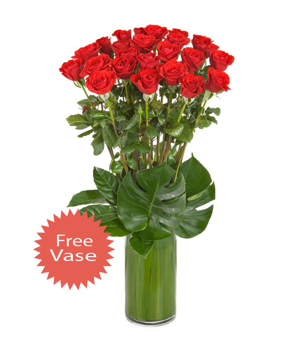 24 Long Stem Red Roses in a Glass Vase.