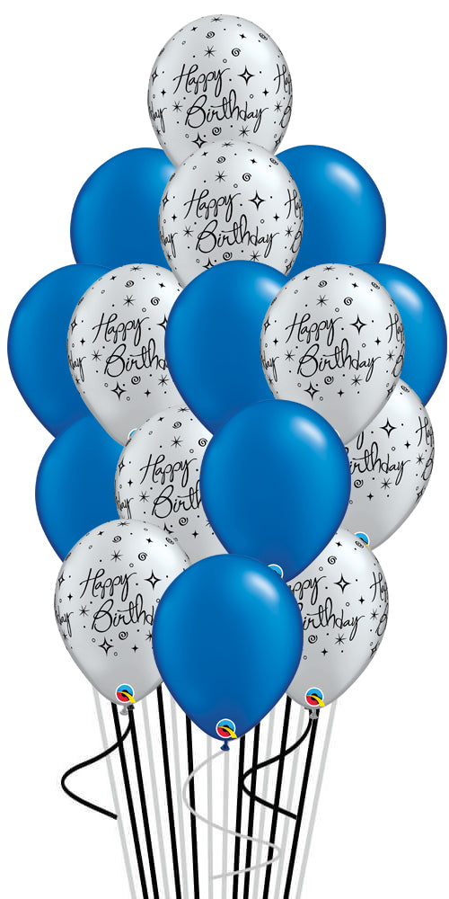 15Pcs Metalic Blue & Silver Sparkling Birthday Balloons WITH WEIGHT