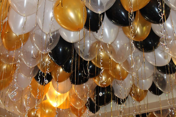 50 Black,Gold & Silver Helium Balloons FOR CEILING