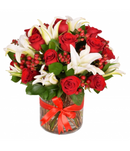 24 Red Roses with White Lilies in Vase