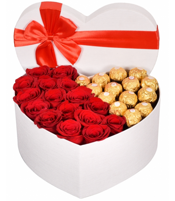 Roses and Ferrero in White Heart Box