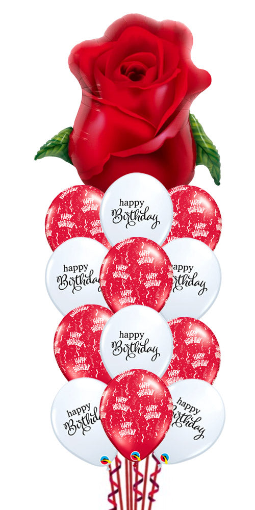 Red Rose Bud Big Happy Birthday Balloon Bouquet