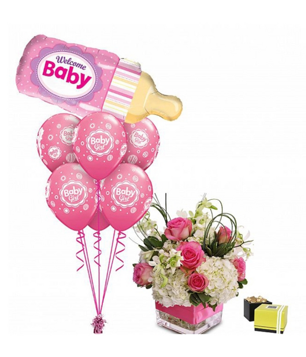 Luxury Baby Girl Flowers with Balloons & Chocolates