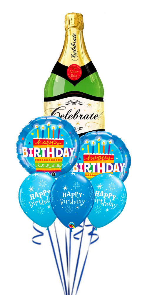 Bubbly Wine Bottle Blue Birthday Cake Balloon Bouquet