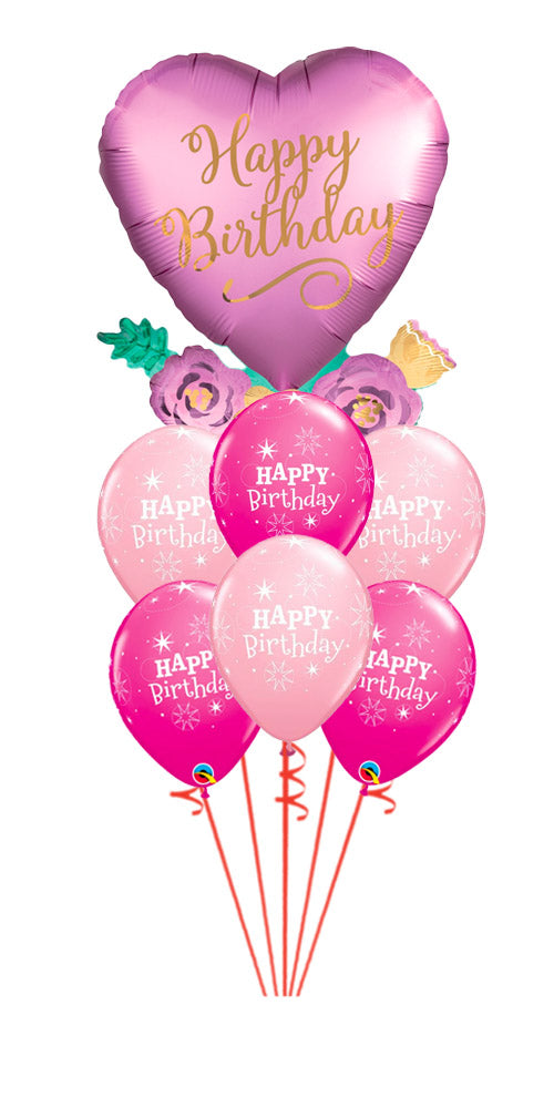 Birthday Satin Hearts with Flowers and Pink Bday Sparkle Balloon