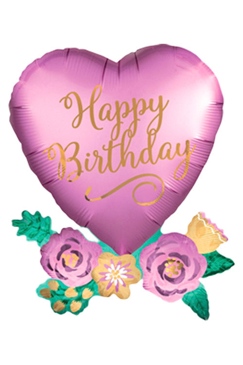 30'' Birthday Satin Heart with Flowers Supershape Balloon