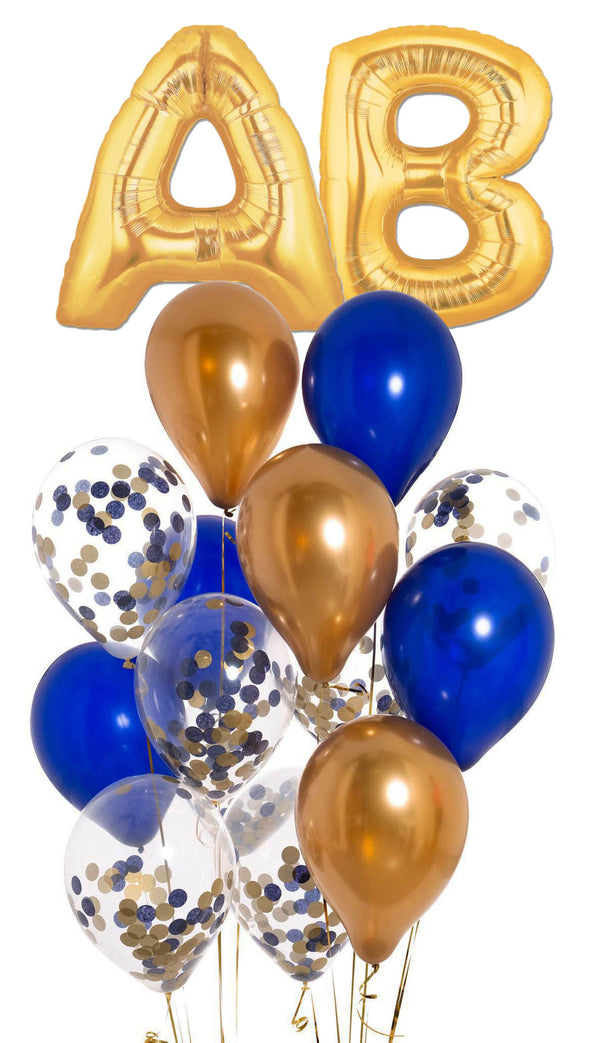 Any Two Letter's Dark blue and Gold Confetti Balloon Bouquet