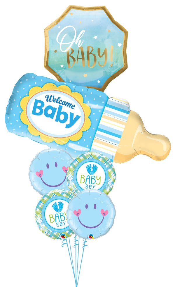 Blue Baby Boy Bottle Smiley Balloon Bouquet With Weight