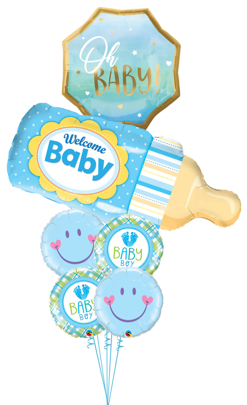 Blue Baby Boy Bottle Smiley Balloon Bouquet With Weight