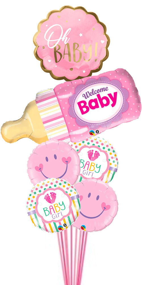 Baby Girl Pink Girl  Bottle Smiley Balloon Bouquet