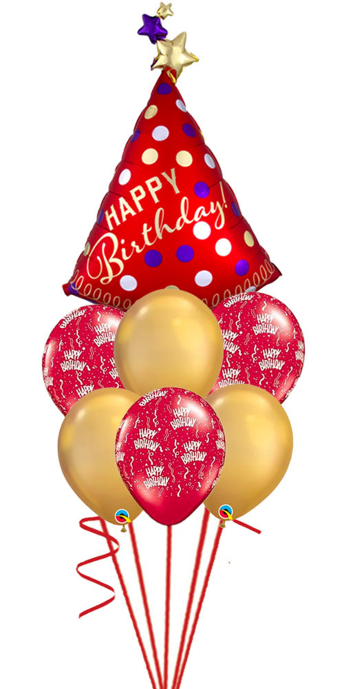 Red Party Hat Satin Chrome Bday All-A-Round Balloon Bouquet