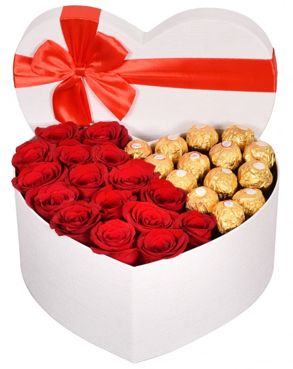 Roses and Ferrero in White Heart Box
