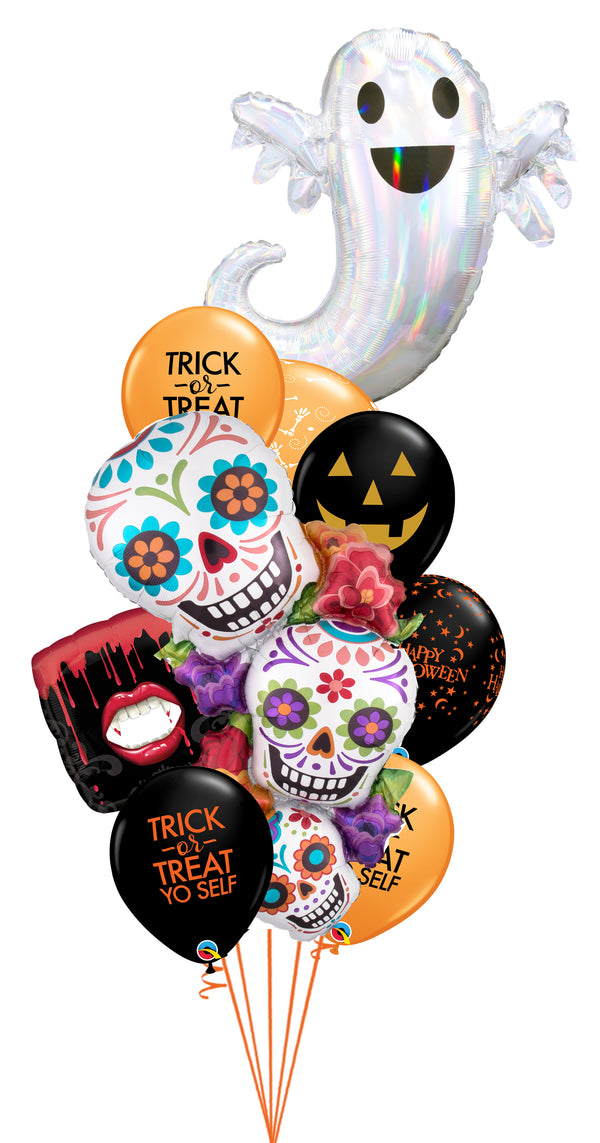 Iridiscent Ghost Stacking Skull Trick or Treat Balloon Bouquet