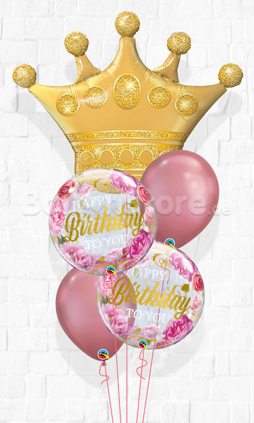 Birthday Pink Peonies Bubble Golden Crown Balloon Bouquet