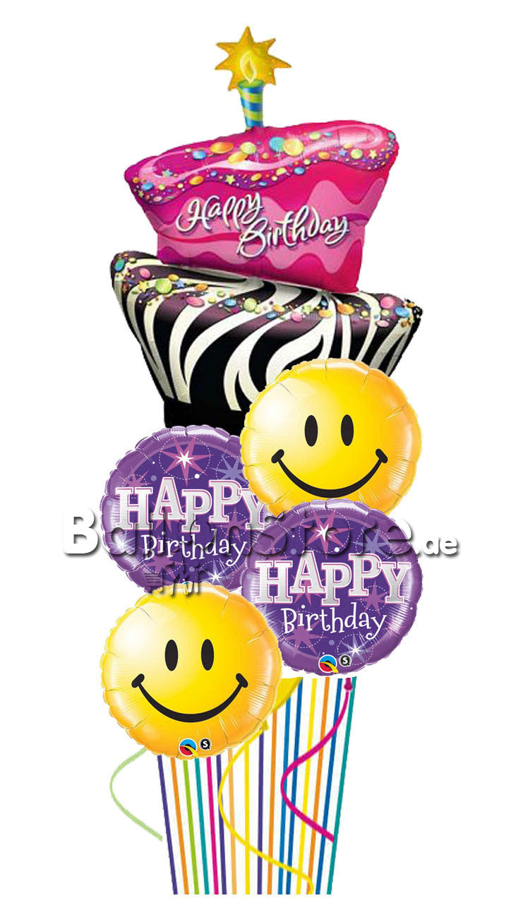 Funky Zebra Stripe Cake with Smiley Foil Balloon Bouquet