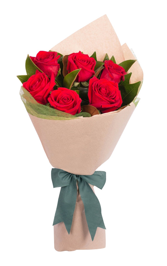 6 Red Roses Hand tied Boquet