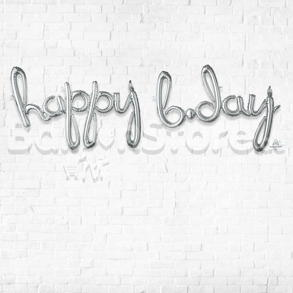 Script happy b-day Silver Air-Filled Foil Balloon Banner Air-Filled - NON FLYING