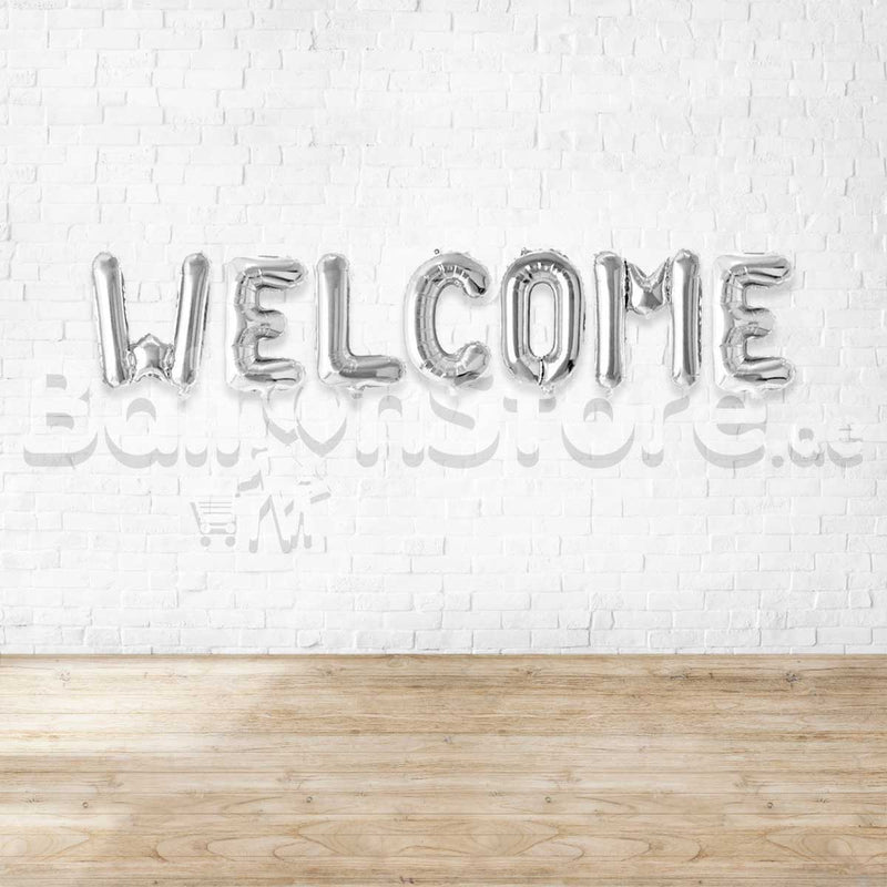 16" WELCOME SIlver Alphabet Foil Balloons Banner- Air-Filled - NON FLYING / NO HELIUM