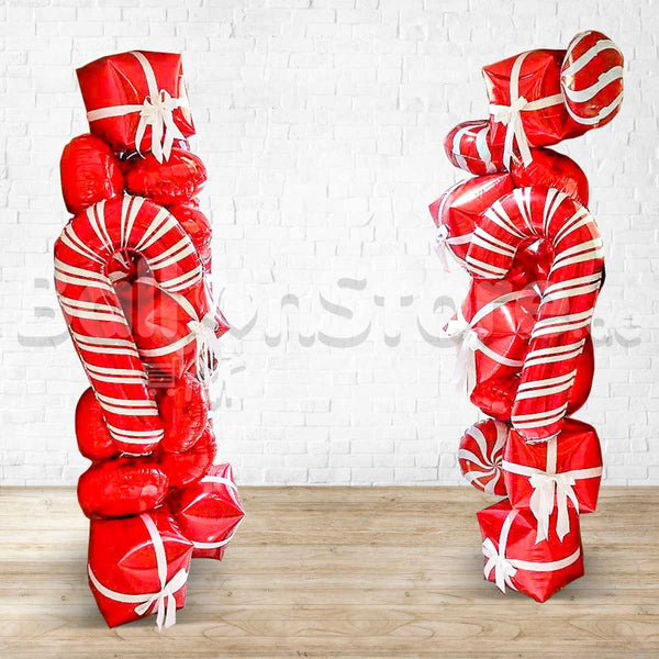 Set 2pcs of ALL FOIL Christmas Design Candy Cane, Pepper Mint Candy  & Gift Balloon Standee Arrangement -  INDOOR USE ONLY