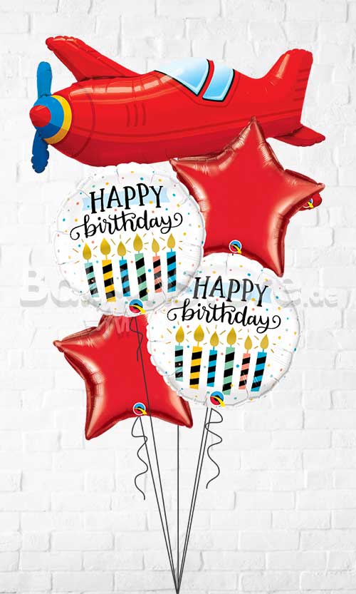 Red Vintage AirPlane Birthday Candle & Dots Balloon Bouquet
