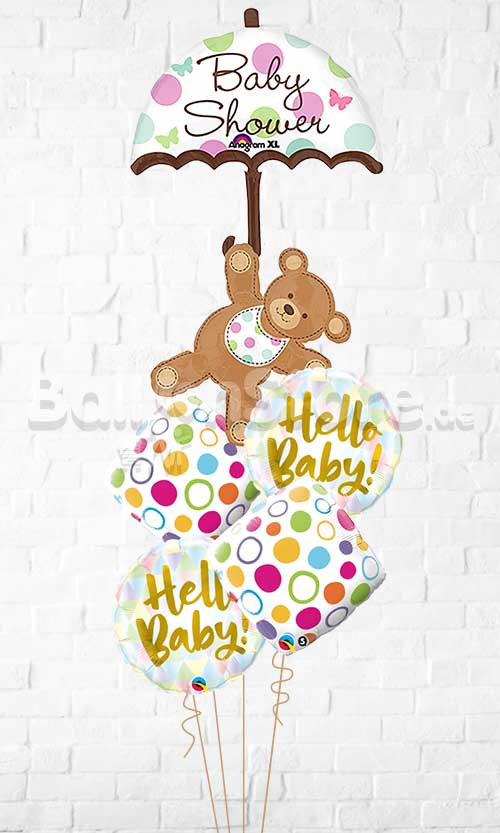 Baby Shower Umbrella & Bear Hello Baby Polka All Foil Balloon Bouquet