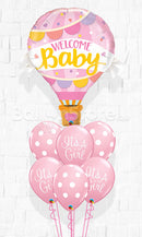 Welcome Baby Girl Hot Air Classy Script and Polka Balloon Bouquet