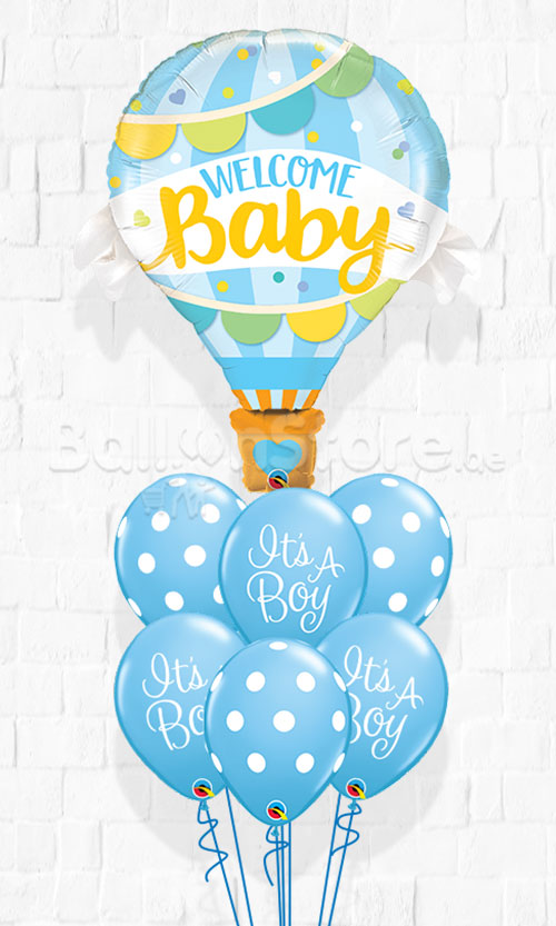 Welcome Baby Boy Hot Air Classy Script and Polka Balloon Bouquet
