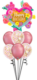 Happy Birthday Painted Flowers Confetti and Chrome Balloon Bouquet