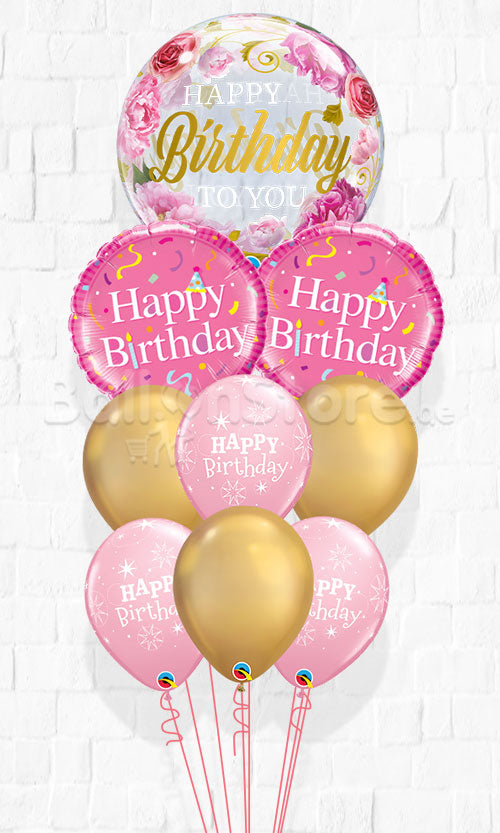 Birthday Pink Peonies  Chrome and Confetti Balloon Bouquet