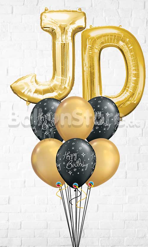 Any Two Letter Black Birthday Gold Balloon Bouquet