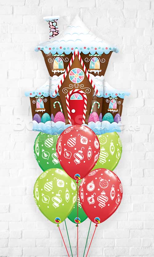 Decorated Gingerbread House Christmas Ornaments & Dots Balloon Bouquet