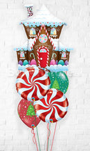 Decorated Gingerbread House  PepperMint Christmas Trees Stars & Swirl  Balloon Bouquet