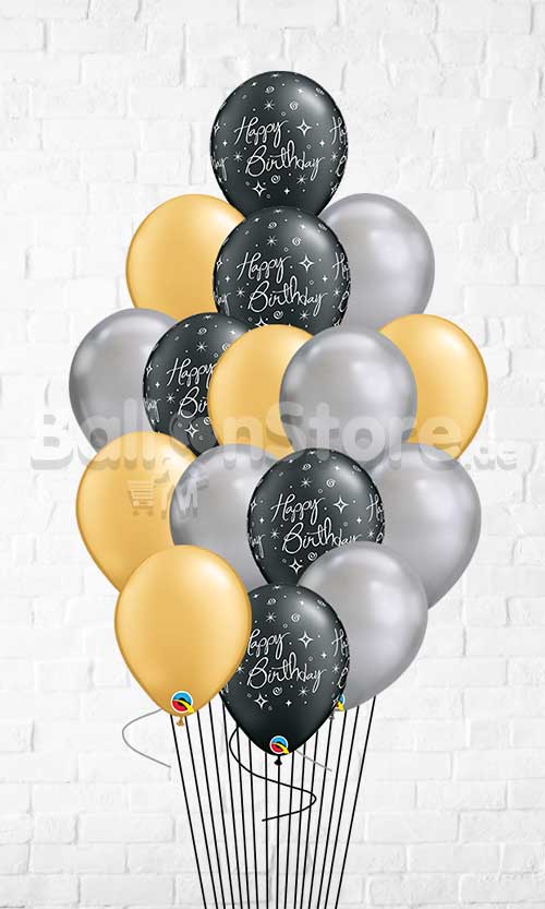 Black Birthday Elegant Chrome Silver Gold Balloon Bouquet - 15count