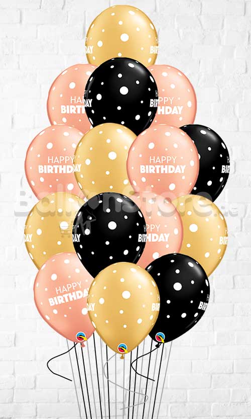 Birthday Big & Little Polka Rose Gold, Gold and Black Balloon Bouquet  - 15count