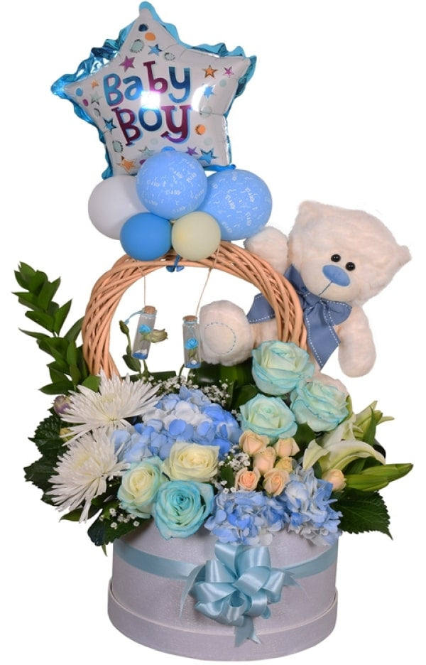 Baby Boy Flowers, Balloon and Teddy
