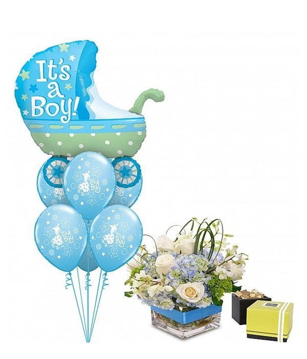 Luxury Baby Boy flowers with balloons & chocolates