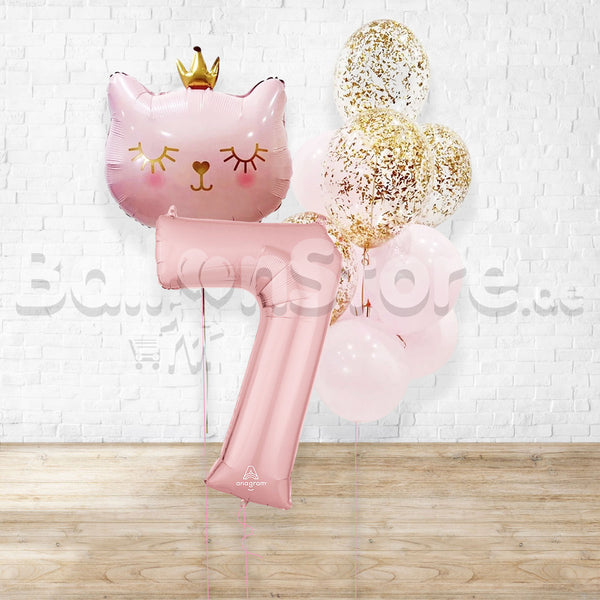 Any Number Cutie Cattie Pink Crown Confetti  Balloon Bouquet - Set