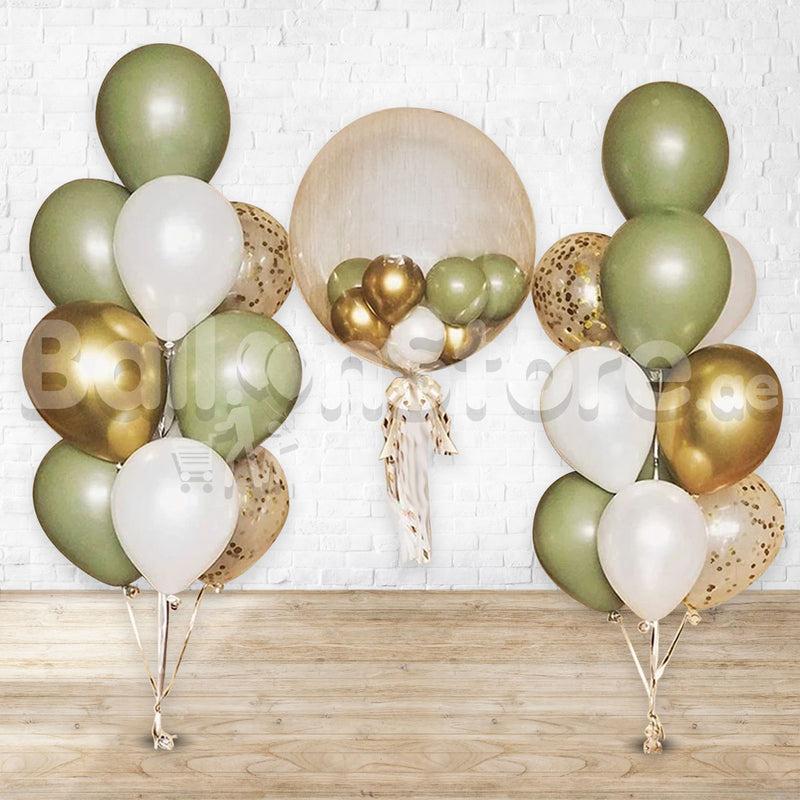 Eucalyptus Customized Clear Latex and Confetti Chrome Balloon Set