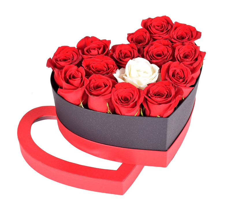 Magical White & Red Roses Heart Box Flower Arrangement - 18Roses