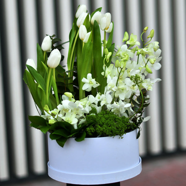 Harmonious Pure White Lilies  and Orchids Flowers  Arrangement