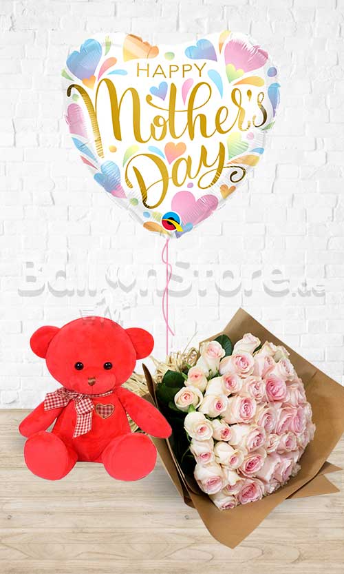 Mother's Day Pastel Heart Red Teddy Roses Combo 3-in1