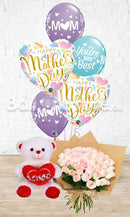 Mother's Day Pastel Heart Love You Mom  White Teddy Roses Combo 3-in1