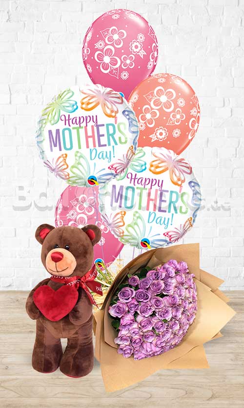 Mother's Day Colorful Butterfly Floral Blossoms BVg Teddy Roses Combo 3-in1