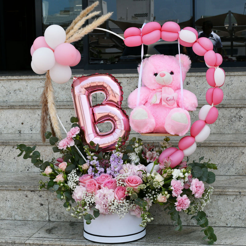 Any Letter It's A Girl Pink Teddy Flower Balloon Arrangement