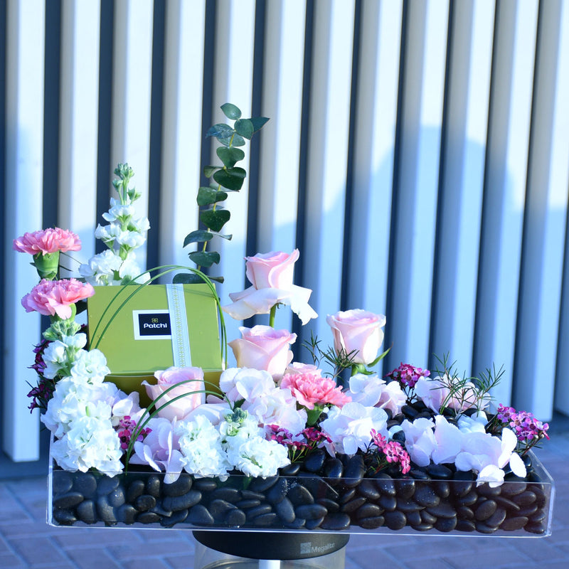 Sweets & Roses  on a Acrylic Tray Flower Arrangement