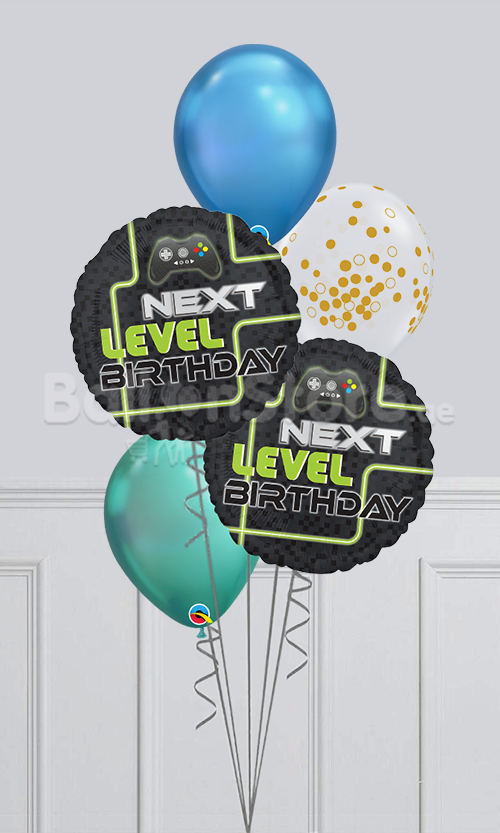 Next Level  Gamers Birthday Chrome Confetti Dots Balloon Bouquet