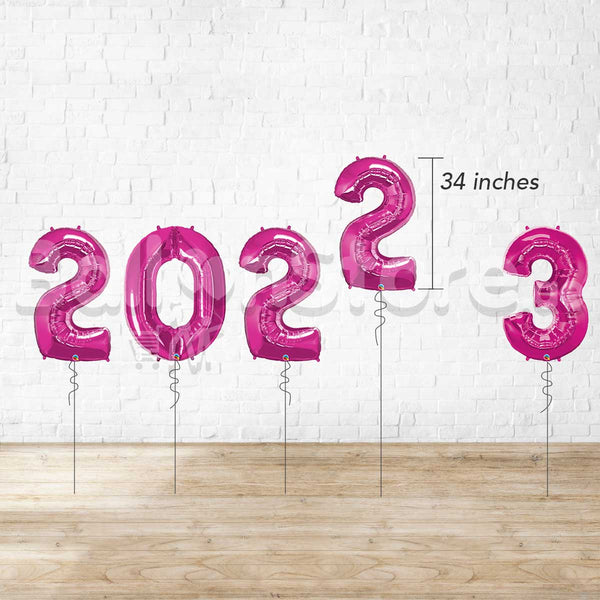 2022 & 3 Large Number Foil Metallic MAGENTA Balloons  - HELIUM FILLED