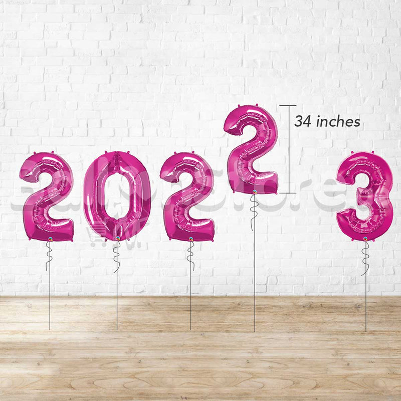 2023 & 4 Large Number Foil Metallic MAGENTA Balloons  - HELIUM FILLED